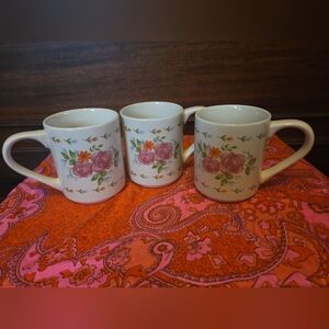 Vintage Cottagecore Coffee Mug Set of Three, Roses and Floral Ceramic Tea Cups